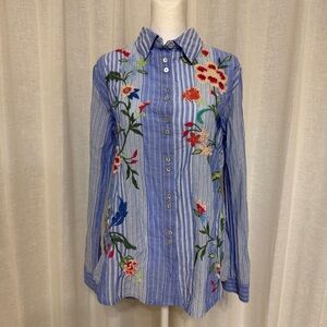 Johnny Was Workshop Madaleina Double Button Stripe Shirt Floral Boho Women's XS